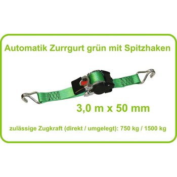 Automatik Zurrgurt 50mm / 3,0m Zurrkraft 750/1500kg, Spitzhaken